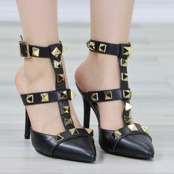 Black Pointed Toe High Heels Trendy Gold Studs Ankle Strap Stiletto's - Picture 8 of 13